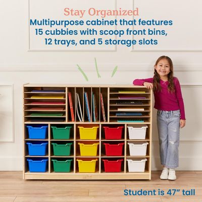 ECR4Kids Multi-Section Mobile Cabinet with Scoop Front Storage Bins, Assorted, 16-Piece Image 3
