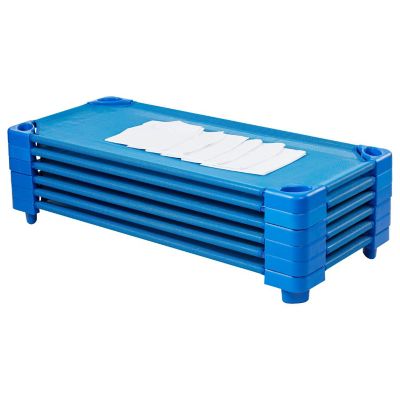 ECR4Kids Stackable Kiddie Cot with Sheet, Standard Size, Classroom Furniture, Blue, 6-Pack Image 1