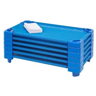 ECR4Kids Stackable Kiddie Cot with Sheet, Toddler Size, Blue, 6-Pack Image 1