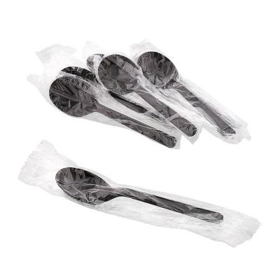 Edge Collections  - Medium Heavy Weight Black Polypropylene Individually Black Wrapped Soup Spoons! Image 1