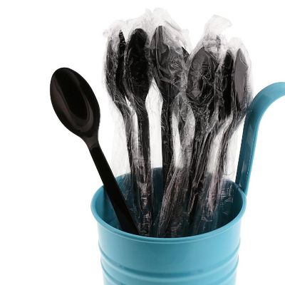 Edge Collections  - Medium Weight Black Polypropylene Individually Wrapped Soda Spoons! Image 1