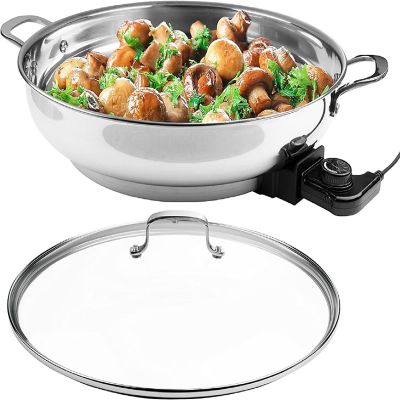Electric Skillet By Cucina Pro - 18/10 Stainless Steel Frying Pan with Tempered Glass Lid and Handle, 16" Round with Adjustable Temperature Control Probe, Porta Image 2