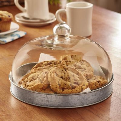 Elegant Galvanized Metal and Glass Cake Dome Server Image 1