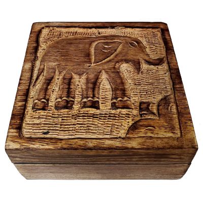 Elephant Hand Carved Wood Jewelry Keepsake Trinket Box 5 x 5 Inch New Image 1