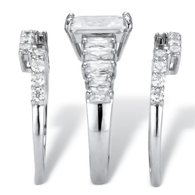 Emerald-Cut Cubic Zirconia 3-Piece Bridal Ring Set 5.86 TCW in Platinum-plated Sterling Silver-Size 6 Image 1