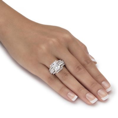 Emerald-Cut Cubic Zirconia 3-Piece Bridal Ring Set 5.86 TCW in Platinum-plated Sterling Silver-Size 6 Image 2