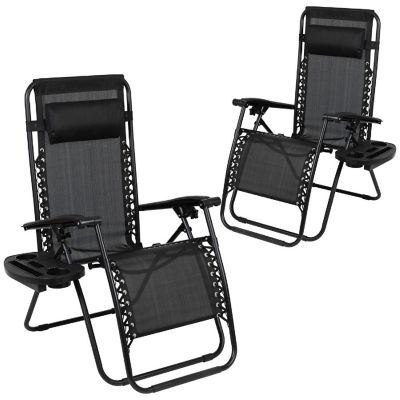 Emma + Oliver 2 Pack Adjustable Mesh Zero Gravity Lounge Chair with Cup Holder Tray - Black Image 1