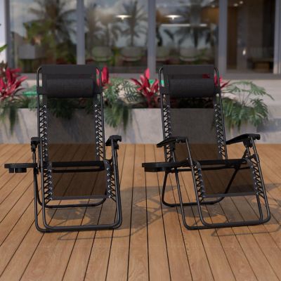 Emma + Oliver 2 Pack Adjustable Mesh Zero Gravity Lounge Chair with Cup Holder Tray - Black Image 1