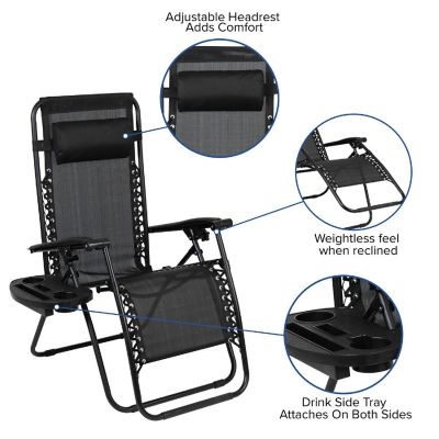 Emma + Oliver 2 Pack Adjustable Mesh Zero Gravity Lounge Chair with Cup Holder Tray - Black Image 2