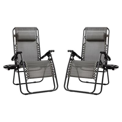 Emma + Oliver 2 Pack Adjustable Mesh Zero Gravity Lounge Chair with Cup Holder Tray - Gray Image 1