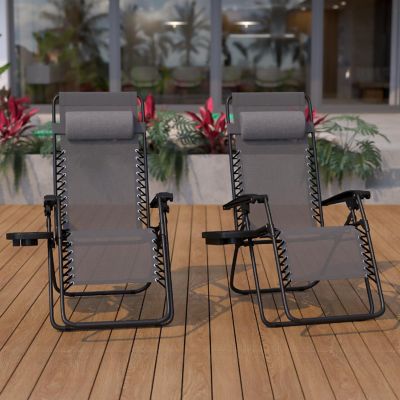 Emma + Oliver 2 Pack Adjustable Mesh Zero Gravity Lounge Chair with Cup Holder Tray - Gray Image 1