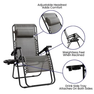 Emma + Oliver 2 Pack Adjustable Mesh Zero Gravity Lounge Chair with Cup Holder Tray - Gray Image 2