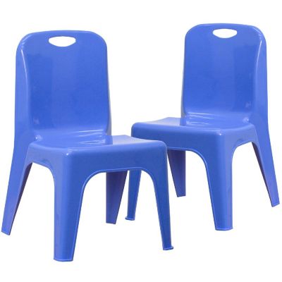 Emma + Oliver 2 Pack Blue Plastic Stackable School Chair with Carrying Handle and 11"H Seat Image 1