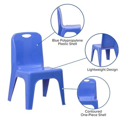 Emma + Oliver 2 Pack Blue Plastic Stackable School Chair with Carrying Handle and 11"H Seat Image 2