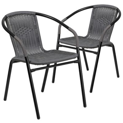 Emma + Oliver 2 Pack Gray Rattan Indoor-Outdoor Restaurant Stack Chair with Curved Back Image 1
