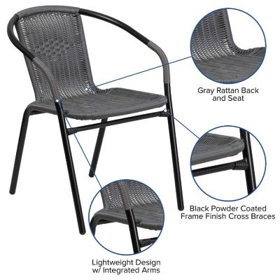Emma + Oliver 2 Pack Gray Rattan Indoor-Outdoor Restaurant Stack Chair with Curved Back Image 2