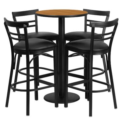 Emma + Oliver 24RD Natural Table Set-RD Base-4 2Slat Back Stools,Black Seat Image 1
