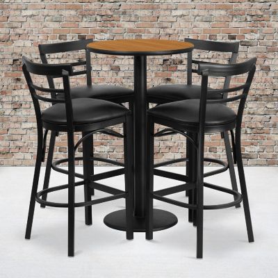 Emma + Oliver 24RD Natural Table Set-RD Base-4 2Slat Back Stools,Black Seat Image 1