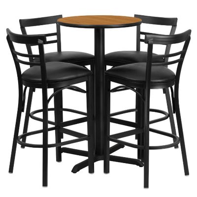 Emma + Oliver 24RD Natural Table Set-X-Base-4 2Slat Back Stools,Black Seat Image 1