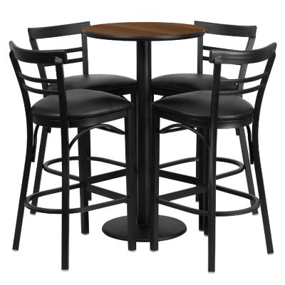 Emma + Oliver 24RD Walnut Table Set-RD Base-4 2Slat Back Stools,Black Seat Image 1