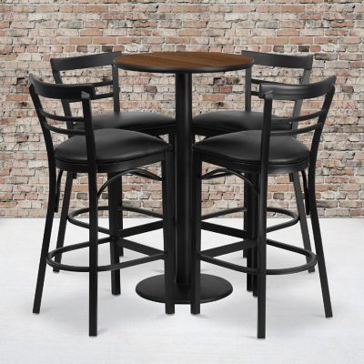 Emma + Oliver 24RD Walnut Table Set-RD Base-4 2Slat Back Stools,Black Seat Image 1