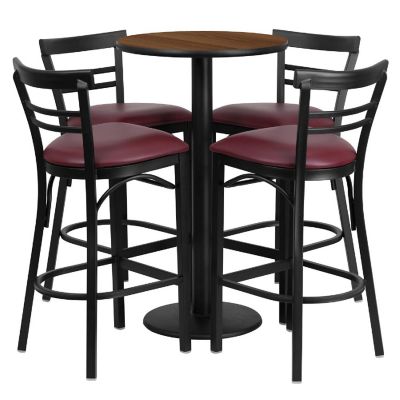 Emma + Oliver 24RD Walnut Table Set-RD Base-4 2Slat Back Stools,Burgundy Seat Image 1