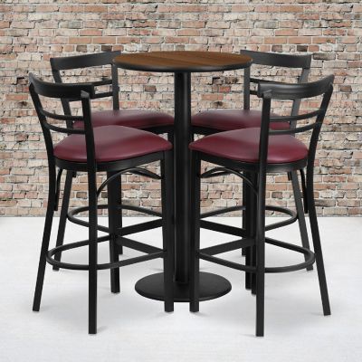 Emma + Oliver 24RD Walnut Table Set-RD Base-4 2Slat Back Stools,Burgundy Seat Image 1