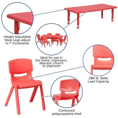 Emma + Oliver 24"W x 48"L Red Plastic Adjustable Activity Table Set-6 Chairs Image 2