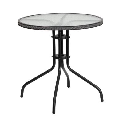 Emma + Oliver 28" Round Tempered Glass Metal Table with Gray Rattan Edge Image 1