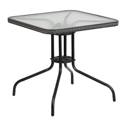 Emma + Oliver 28" Square Tempered Glass Metal Table with Gray Rattan Edge Image 1