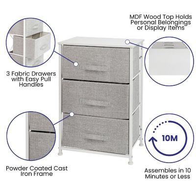 Emma + Oliver 3 Drawer Vertical Storage Dresser with White Wood Top & Gray Fabric Pull Drawers Image 2