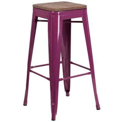 Emma + Oliver 30"H Backless Purple Barstool with Square Wood Seat Image 1