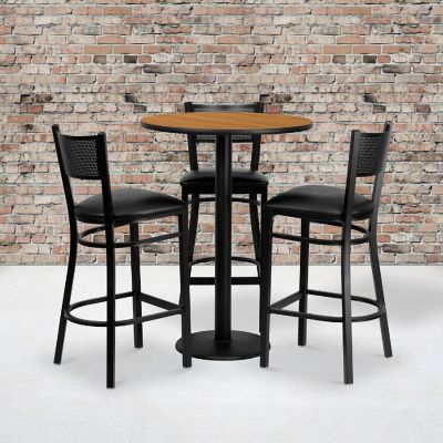 Emma + Oliver 30RD Natural Table Set-3 Grid Back Stools,Black Seat Image 1