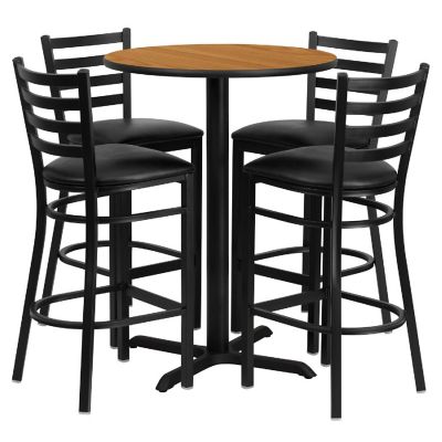 Emma + Oliver 30RD Natural Table Set-X-Base & 4 Ladder Back Stools,Black Seat Image 1