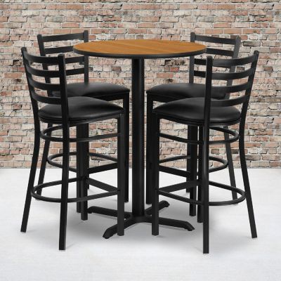 Emma + Oliver 30RD Natural Table Set-X-Base & 4 Ladder Back Stools,Black Seat Image 1