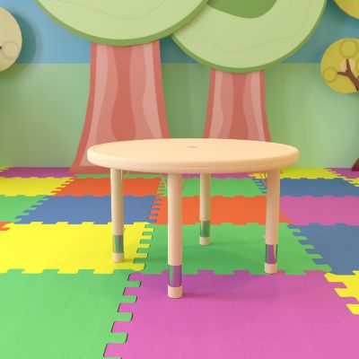 Emma + Oliver 33" Round Natural Plastic Height Adjustable Activity Table - School Table for 4 Image 1