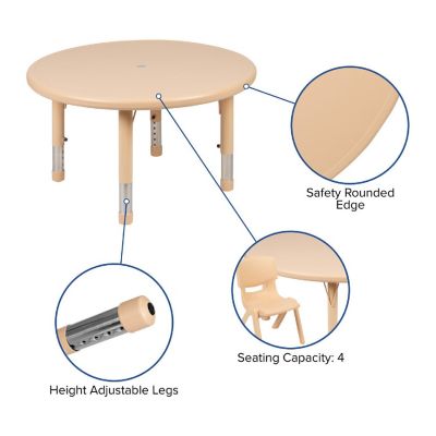 Emma + Oliver 33" Round Natural Plastic Height Adjustable Activity Table - School Table for 4 Image 2