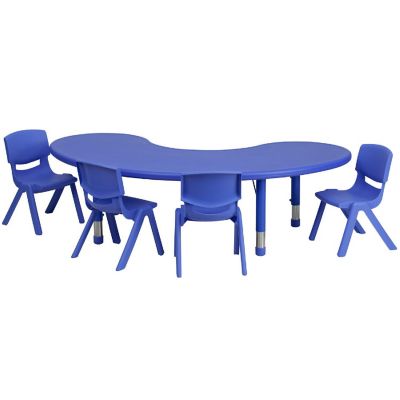 Emma + Oliver 35"W x 65"L Half-Moon Blue Plastic Activity Table Set-4 Chairs Image 1
