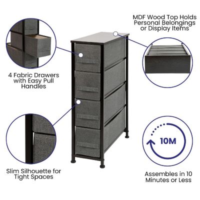Emma + Oliver 4 Drawer Slim Dresser Storage Tower-Black Wood Top & Gray Fabric Pull Drawers Image 2