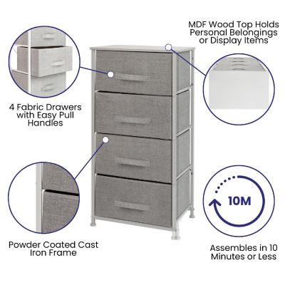 Emma + Oliver 4 Drawer Vertical Storage Dresser with White Wood Top & Gray Fabric Pull Drawers Image 2