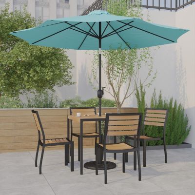 Emma + Oliver 5 Piece Patio Table Set - 4 Synthetic Faux Teak Chairs - 35" Square Faux Teak Table - Teal Umbrella with Base Image 1