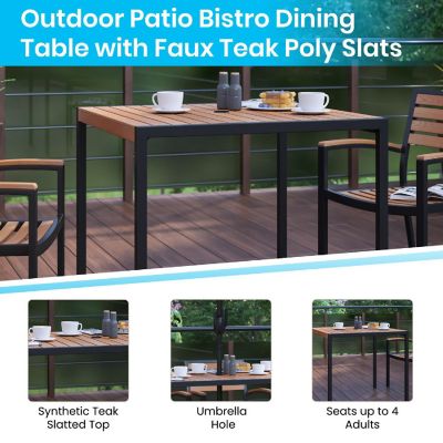 Emma + Oliver 5 Piece Patio Table Set - 4 Synthetic Faux Teak Chairs - 35" Square Faux Teak Table - Teal Umbrella with Base Image 2