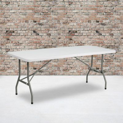 Emma + Oliver 6-Foot Bi-Fold Granite White Plastic Folding Table with Carrying Handle Image 1