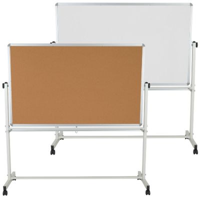 Emma + Oliver 64.25"W x 64.75"H Reversible Mobile Cork Bulletin Board and White Board with Pen Tray Image 1