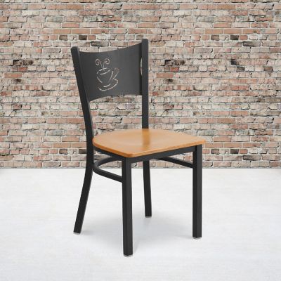 Emma + Oliver Black Coffee Back Metal Restaurant Chair - Natural Wood Seat Image 1