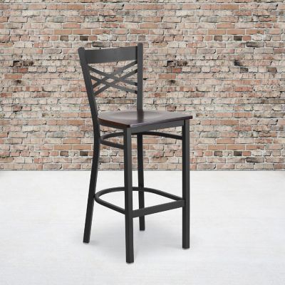 Emma + Oliver Black Metal "X" Back Barstool, Walnut Wood Seat Image 1