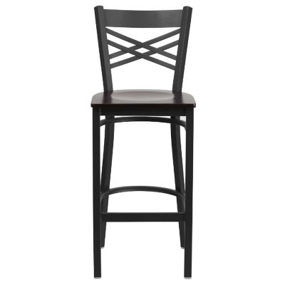 Emma + Oliver Black Metal "X" Back Barstool, Walnut Wood Seat Image 2