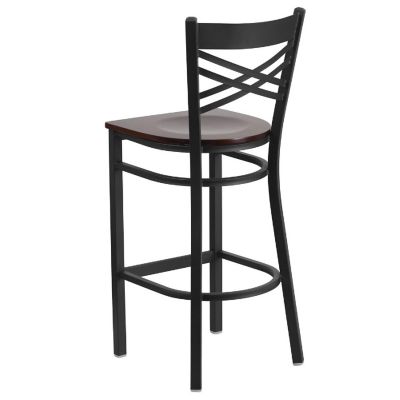 Emma + Oliver Black Metal "X" Back Barstool, Walnut Wood Seat Image 3