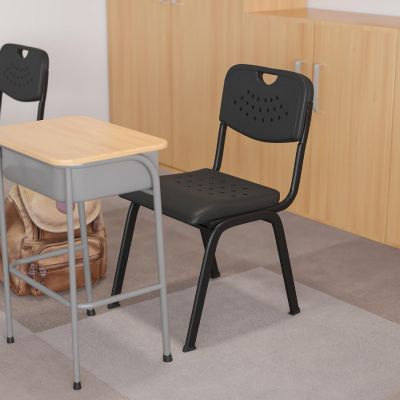Emma + Oliver Black Plastic Student Classroom Stack Chair with Open Back Image 1