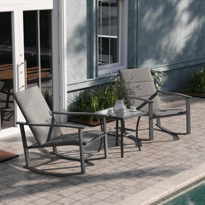Emma + Oliver Braelin 3 Piece Outdoor Rocking Chair Patio Set with Flex Comfort Material and Metal Framed Glass Top Table, Gray/Black Image 2